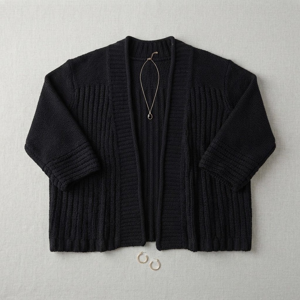 Chico's Cardigan Sweater Women 2 Black Silk Blend Ribbed Knit Chic Minimalist